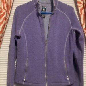 KUHL, 100% Soft Merino Wool Full Zip Jacket, Violet,  Thumbholes, Size Small.